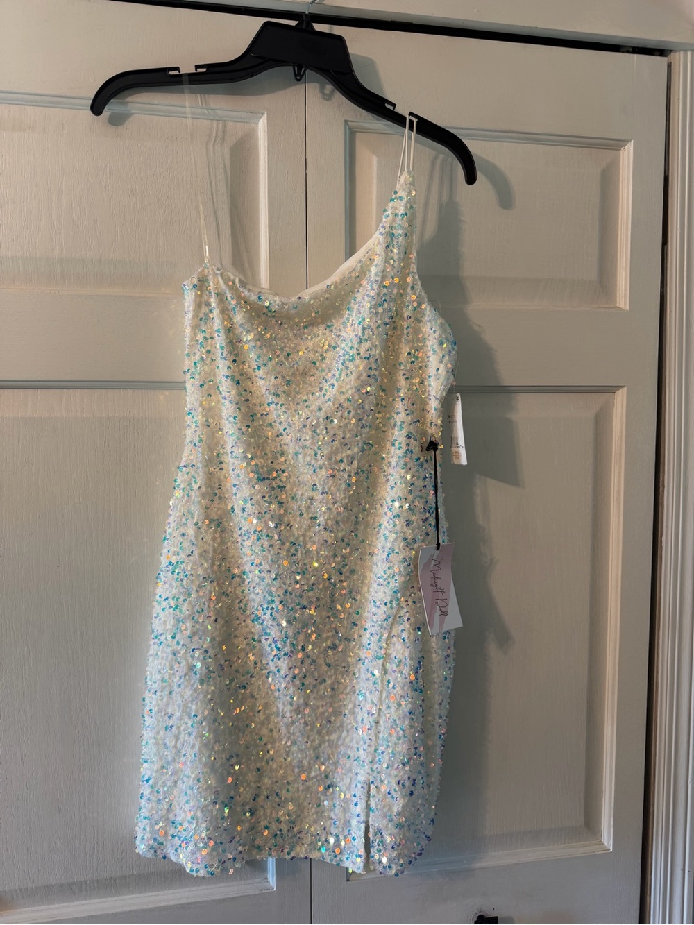 NWT Midnight Doll Iridescent Sequin One Shoulder Mini Dress Size Large